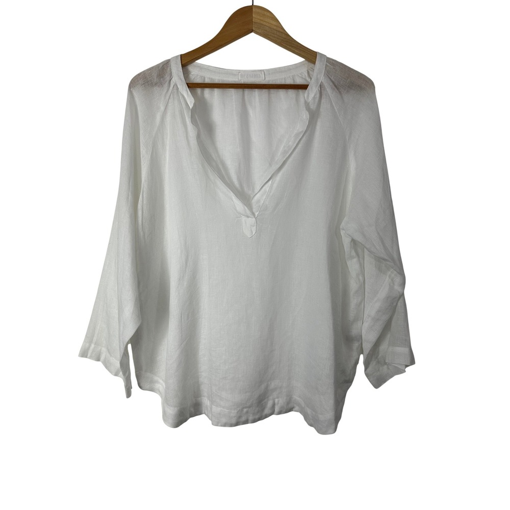 CP Shades White 100% Linen Boho Top Womens S Oversized V-Neck Blouse 3/4 Sleeve